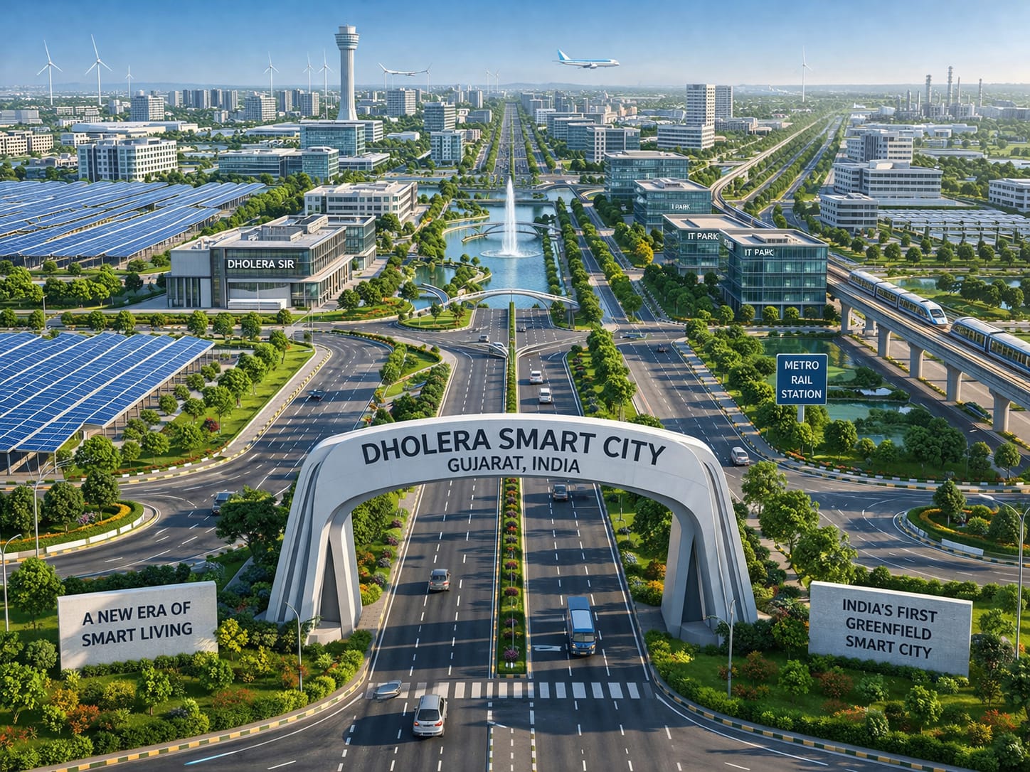 Wide aerial view of development and open land in Dholera region